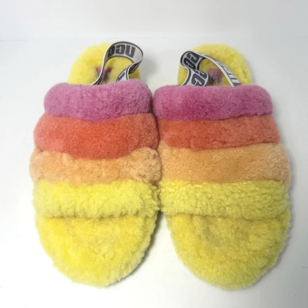 UGG Fluff Yeah Slide Rainbow Sheepskin Slippers Pink Orange Yellow Est. Size 9 - Picture 2 of 8